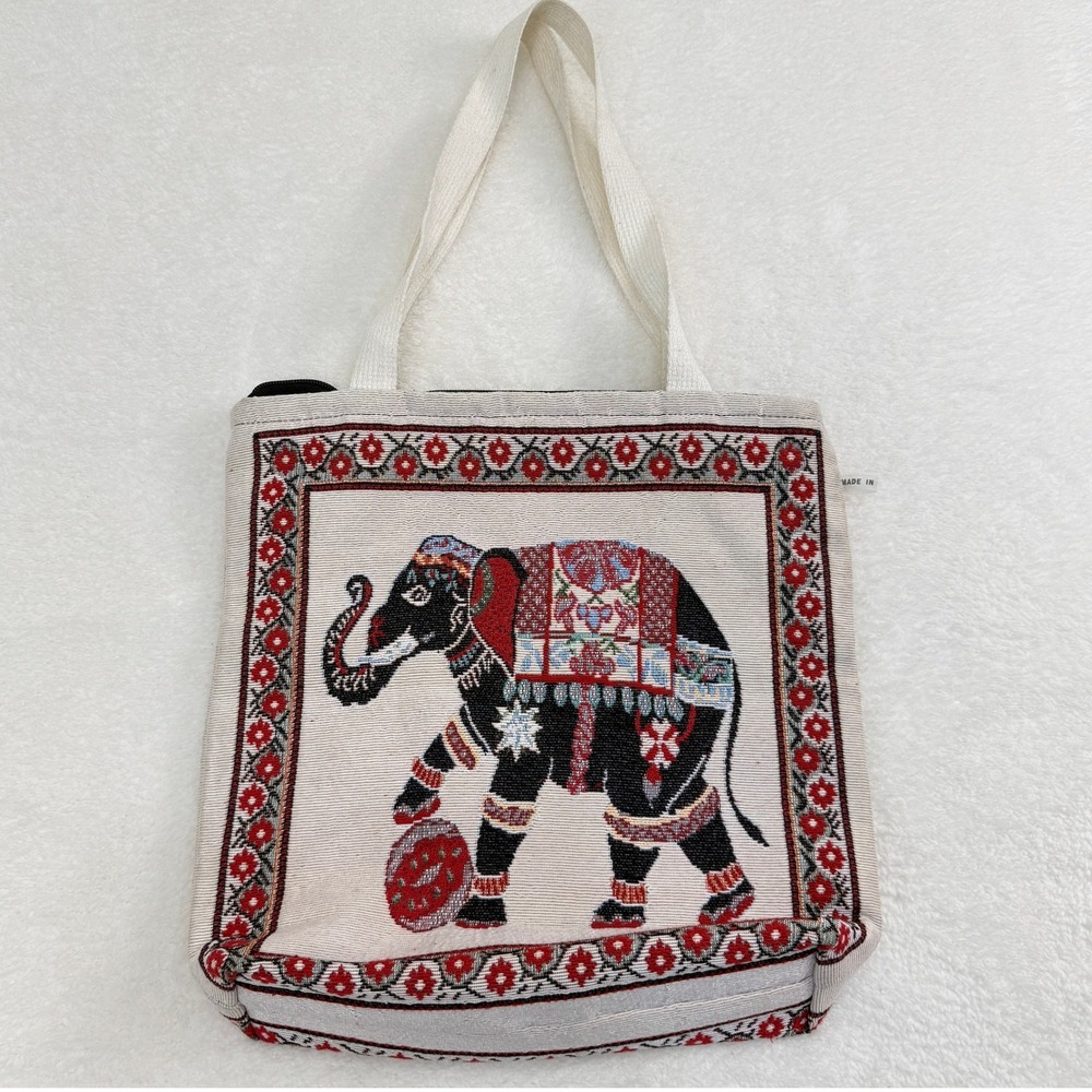 Elephant Tapestry Tote Beige Red Zip Top Boho Ethnic Canvas Shoulder Bag Casual